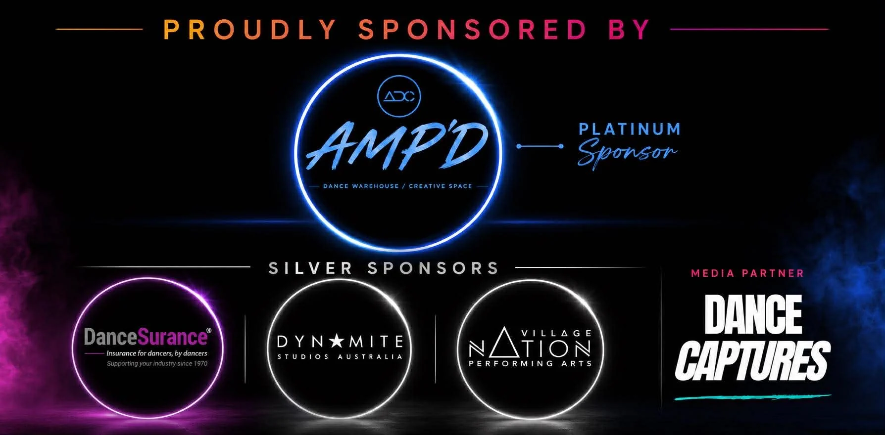Elara Dance Challenge sponsors: AMP'D Dance Warehouse and Creative Space, DanceSurance, Dynamite Studios Australia, Village Nation Performing Arts, and media partner Dance Captures